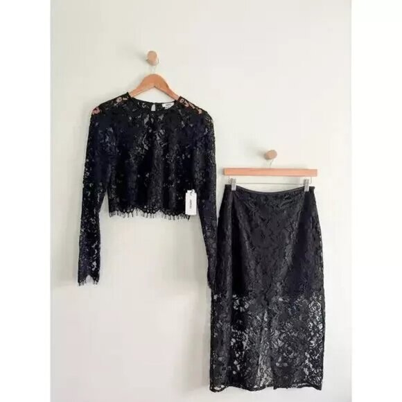 NWT JASON WU Cropped Eyelash Lace Top & Pencil Midi Skirt Set Black Size 10 - Picture 1 of 8
